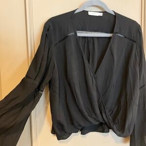 LUSH Black Crochet Inset V-Neck Wrap Long Bell Sleeve Blouse Size Medium M